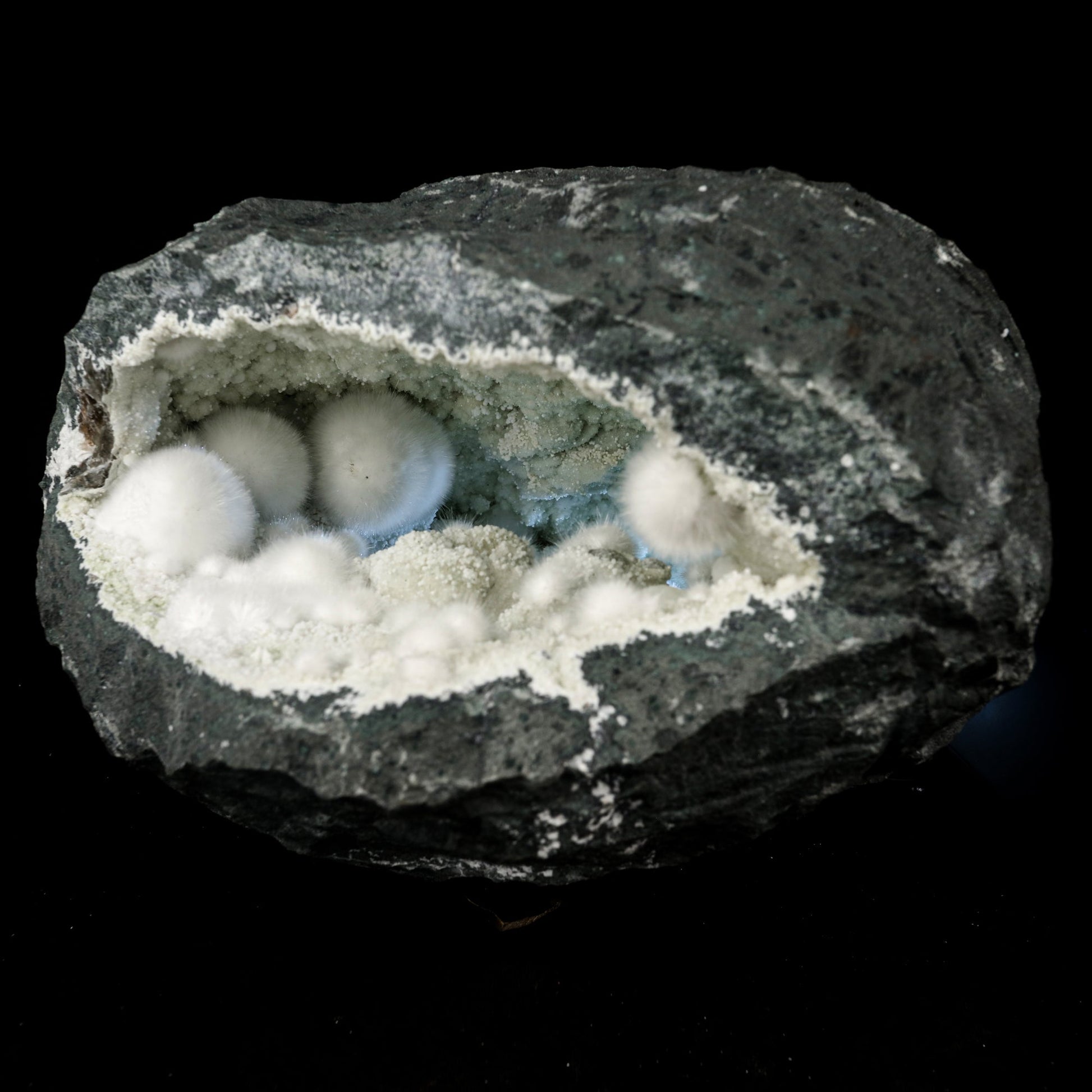 Okenite Big Puffballs Inside with Gyrolite inside Geode Natural Mineral Specimen – Okenite