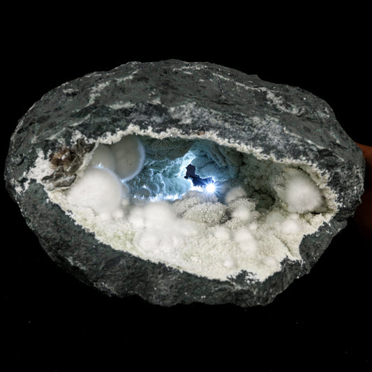 Okenite Big Puffballs Inside with Gyrolite inside Geode Natural Mineral Specimen – Okenite