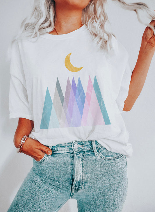 Abstract Pastel Mountains And The Moon - Comfort Colors Tshirt