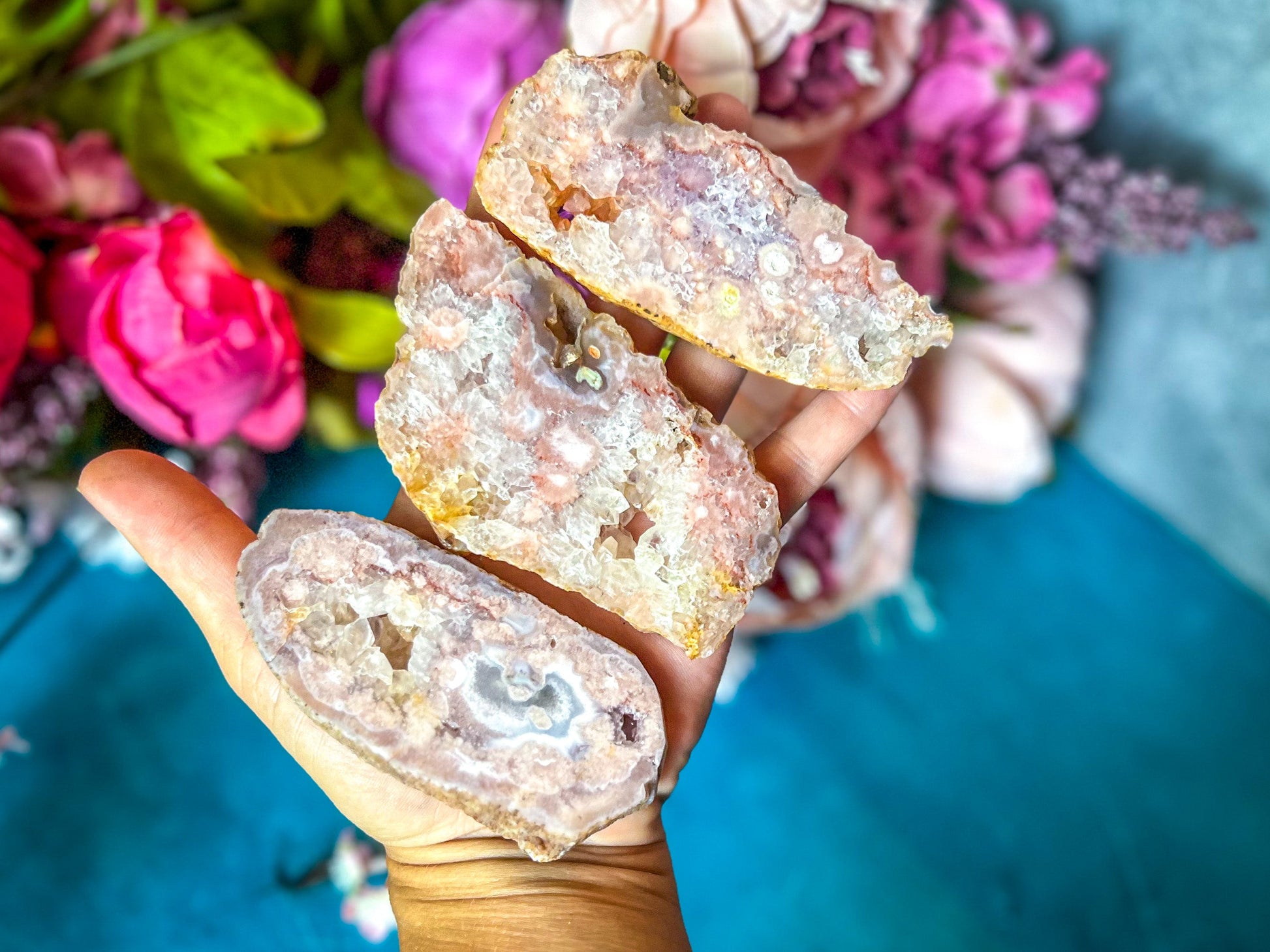 Beautiful Pink Flower Agate Slices, Polished Flower Agate Slabs, Pink Cherry Blossom Agate Polished Slab – 75-99 grams