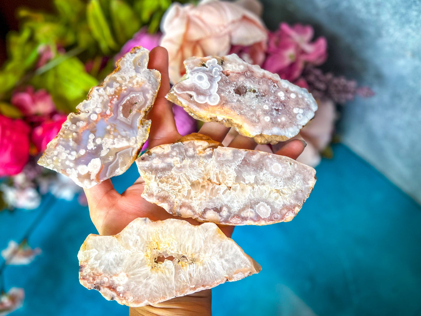 Beautiful Pink Flower Agate Slices, Polished Flower Agate Slabs, Pink Cherry Blossom Agate Polished Slab – 100-124 grams