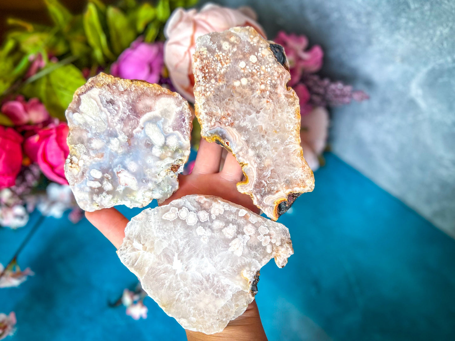 Beautiful Pink Flower Agate Slices, Polished Flower Agate Slabs, Pink Cherry Blossom Agate Polished Slab – 175-199 grams