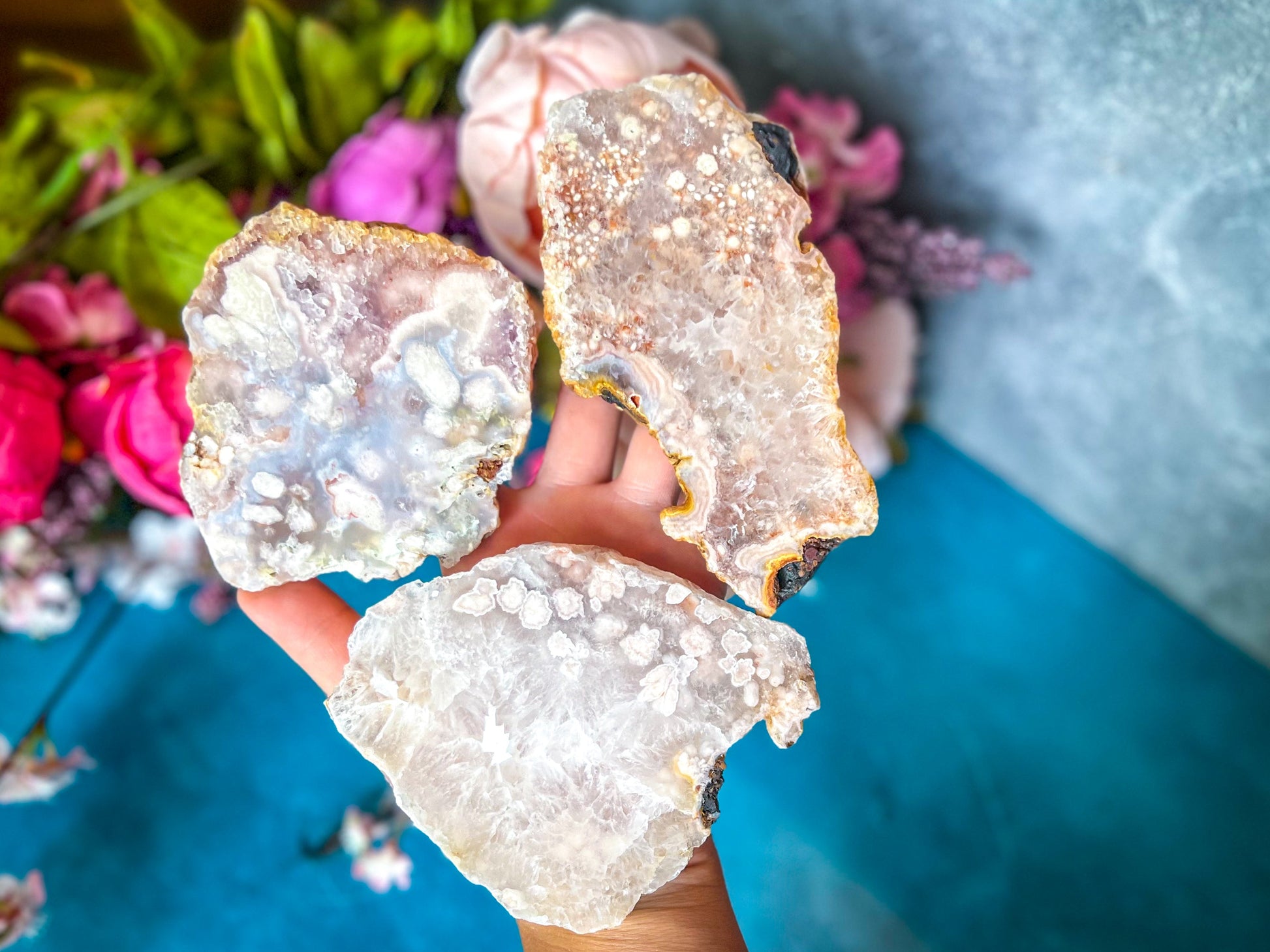 Beautiful Pink Flower Agate Slices, Polished Flower Agate Slabs, Pink Cherry Blossom Agate Polished Slab – 175-199 grams