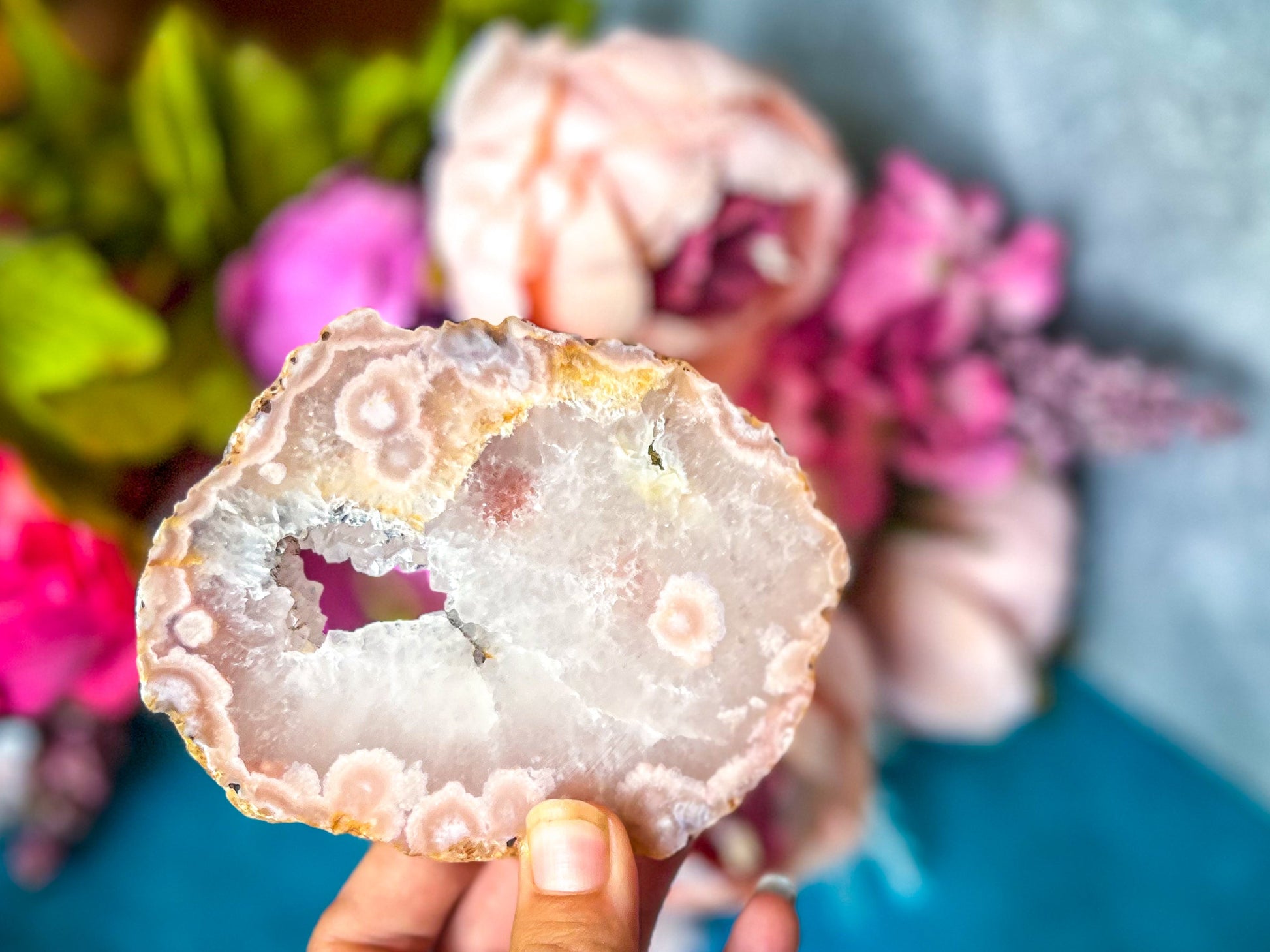 Beautiful Pink Flower Agate Slices, Polished Flower Agate Slabs, Pink Cherry Blossom Agate Polished Slab – 200-224 Grams