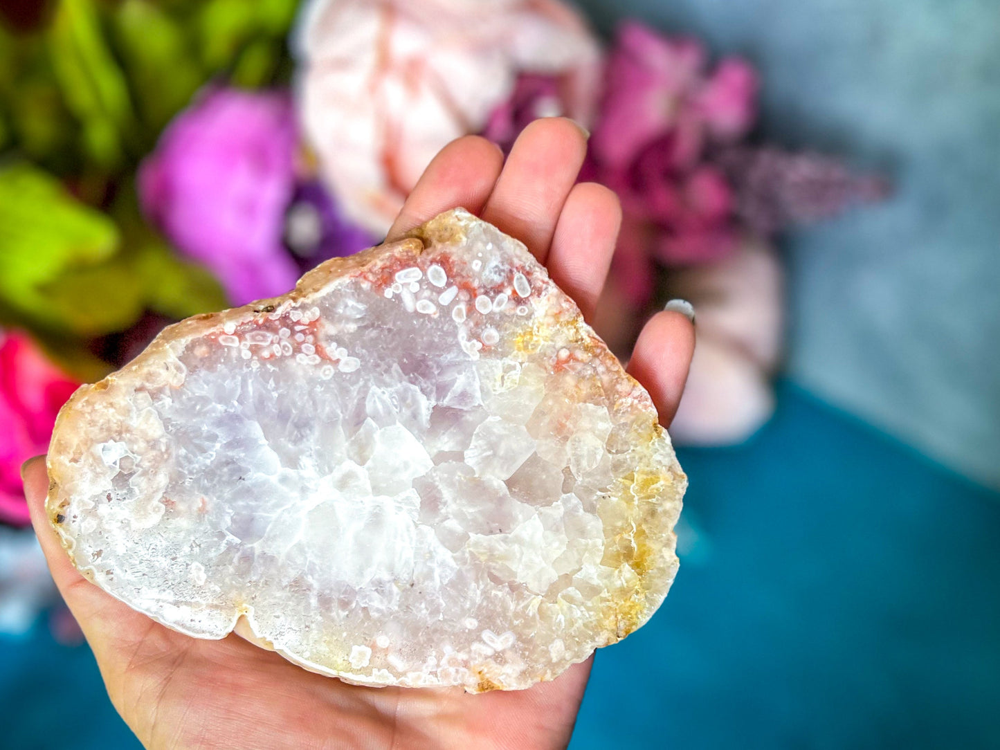 Beautiful Pink Flower Agate Slices, Polished Flower Agate Slabs, Pink Cherry Blossom Agate Polished Slab – 225-249 Grams