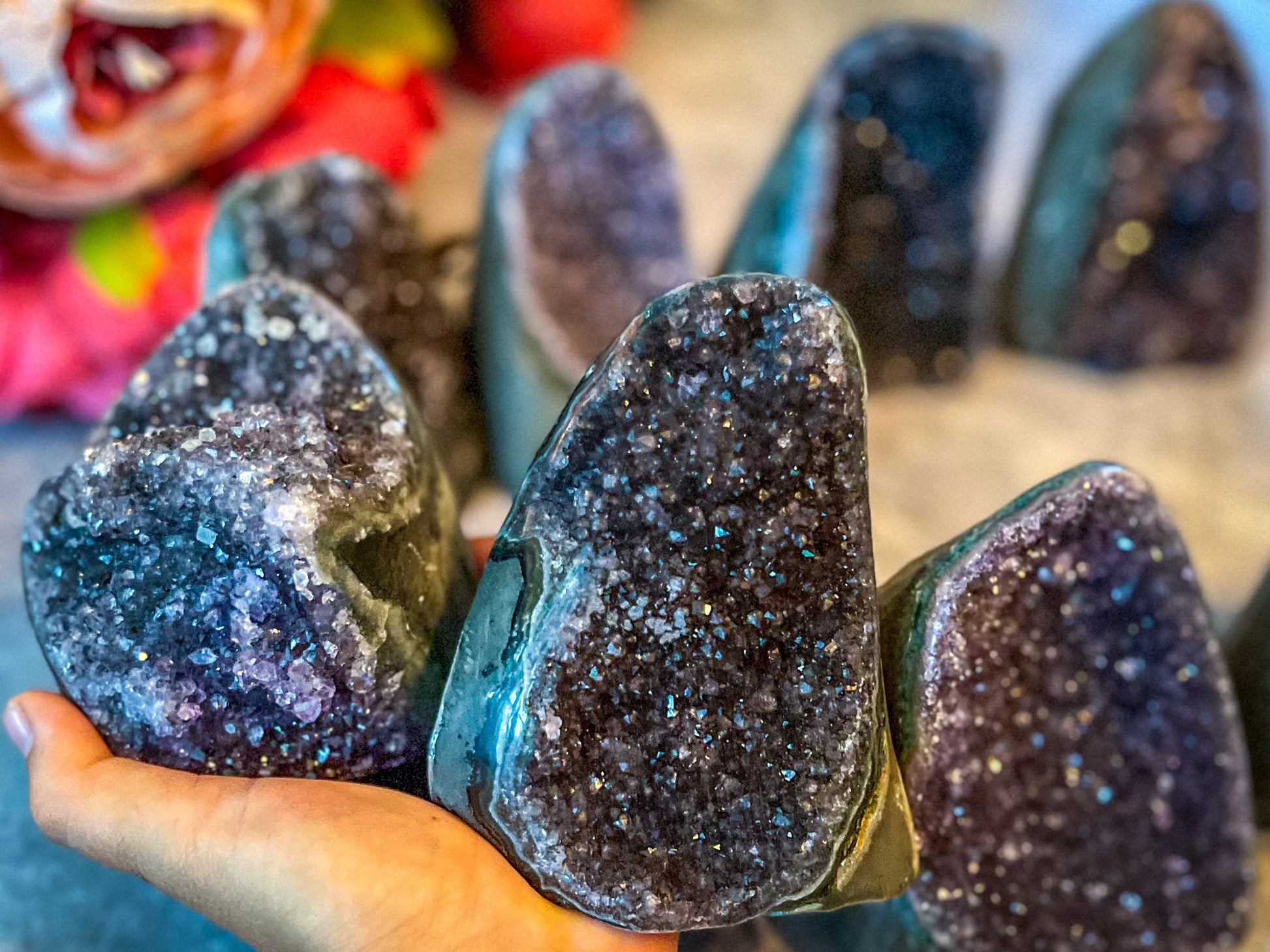 Large Semi Polished Rainbow Amethyst Cathedrals, Pink Amethyst, Raw Black Amethyst Freeforms 500 gram+ –