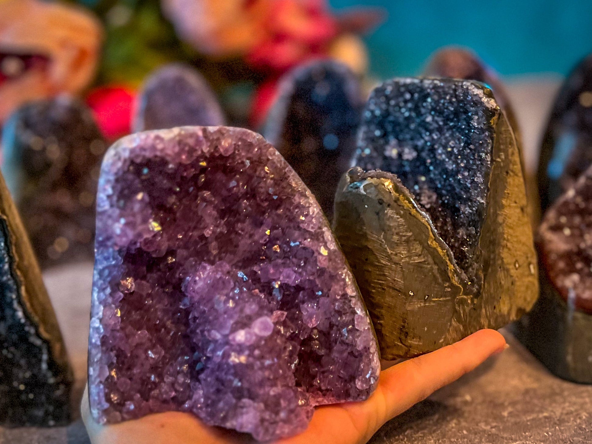 Large Semi Polished Rainbow Amethyst Cathedrals, Pink Amethyst, Raw Black Amethyst Freeforms 500 gram+ –