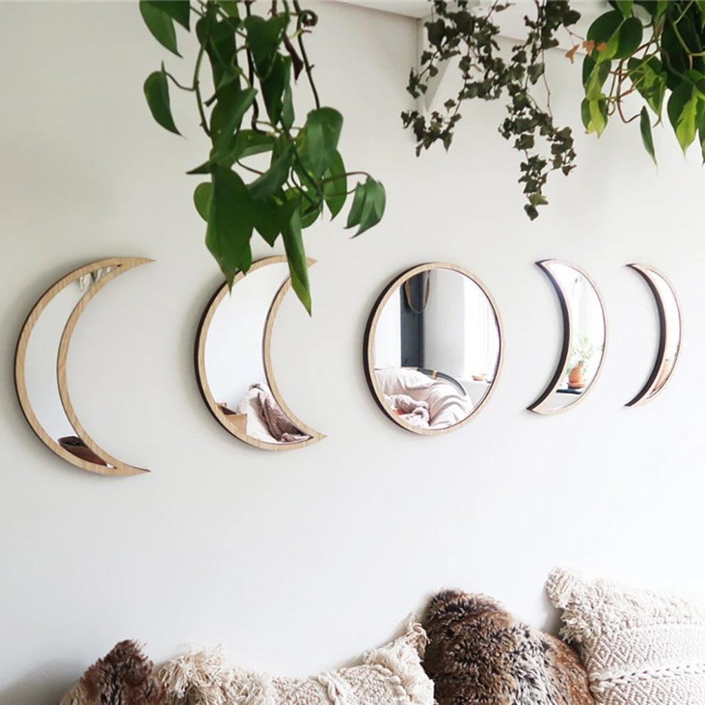 Wood Moon Phase Wall Mirrors