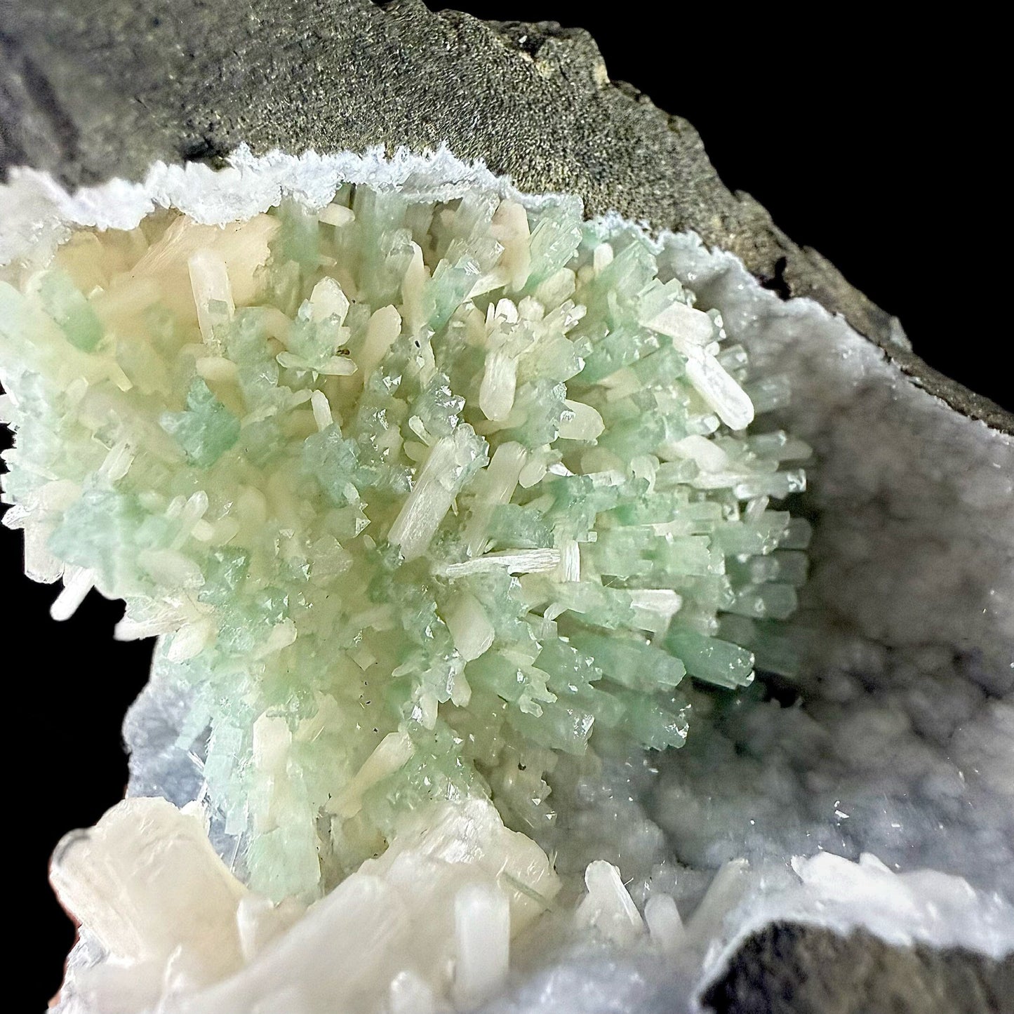 RARE Green Natrolite with Stilbite on Chalcedony | SELF STANDING | Indian Mineral | Superb Minerals | Rare Minerals | Collectors Piece – Natrolite
