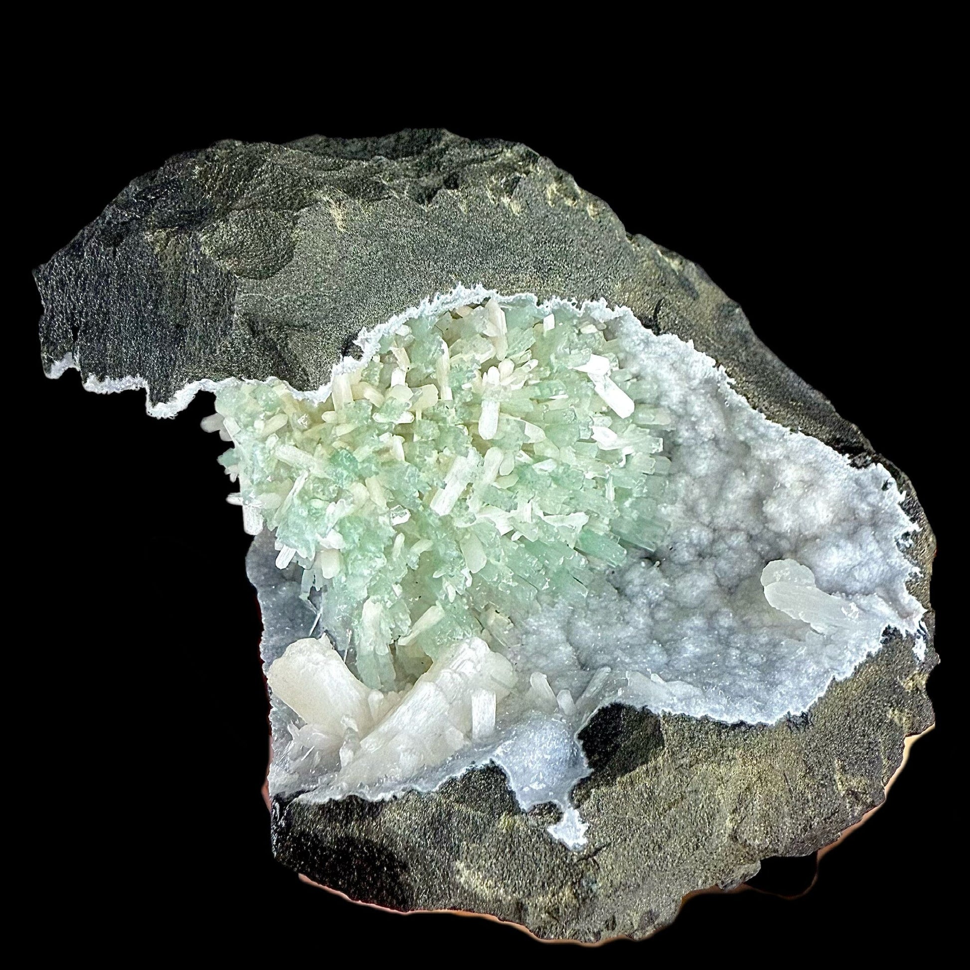 RARE Green Natrolite with Stilbite on Chalcedony | SELF STANDING | Indian Mineral | Superb Minerals | Rare Minerals | Collectors Piece – Natrolite