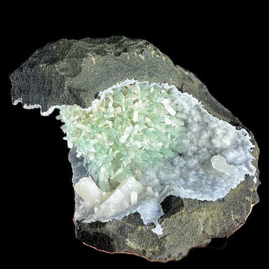 RARE Green Natrolite with Stilbite on Chalcedony | SELF STANDING | Indian Mineral | Superb Minerals | Rare Minerals | Collectors Piece – Natrolite