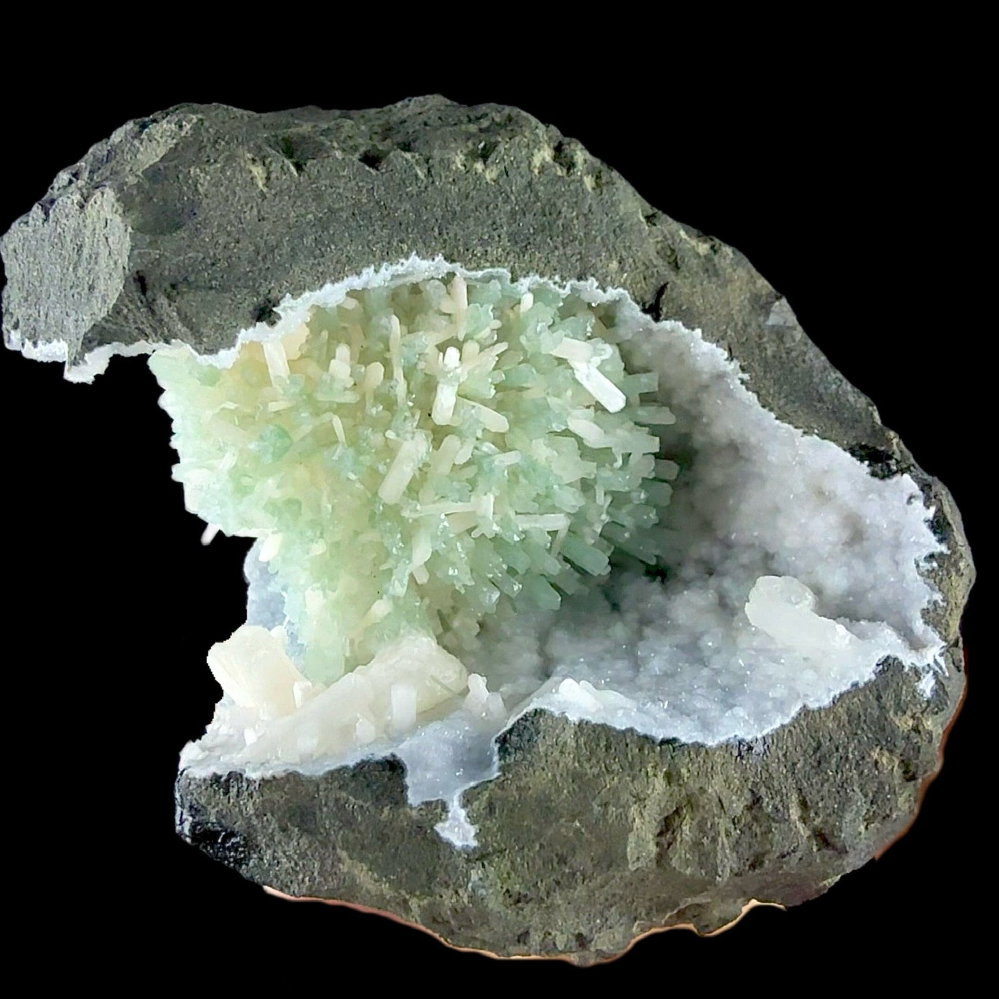 RARE Green Natrolite with Stilbite on Chalcedony | SELF STANDING | Indian Mineral | Superb Minerals | Rare Minerals | Collectors Piece – Natrolite