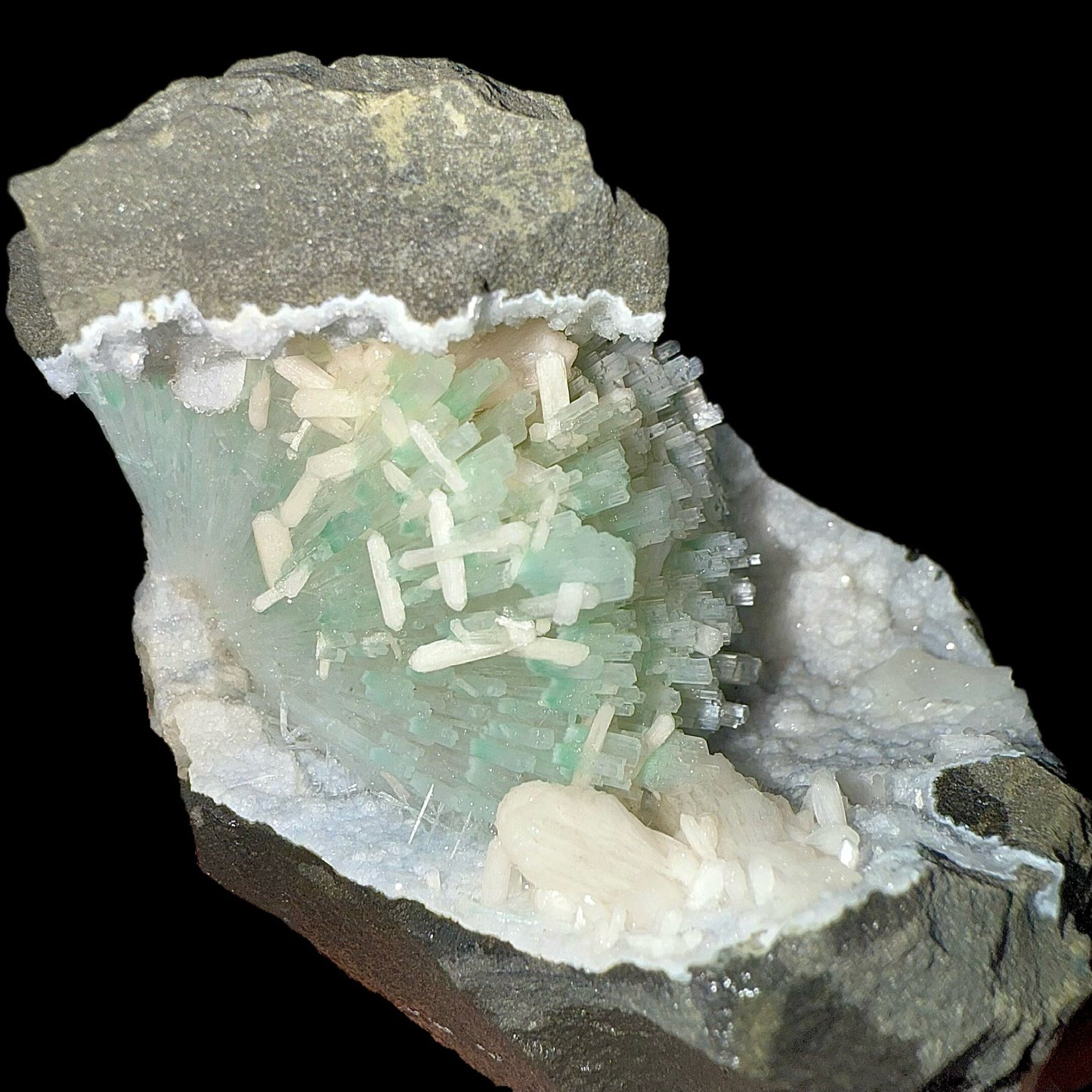 RARE Green Natrolite with Stilbite on Chalcedony | SELF STANDING | Indian Mineral | Superb Minerals | Rare Minerals | Collectors Piece – Natrolite