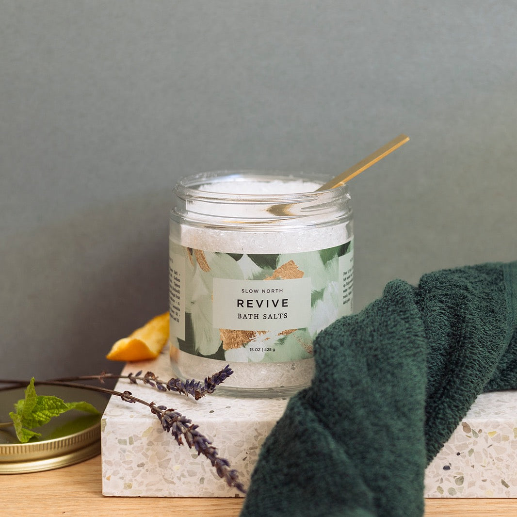Revive Bath Salts – Lavender, Orange, Patchouli, Basil & Peppermint (15oz Jar) – Body Care