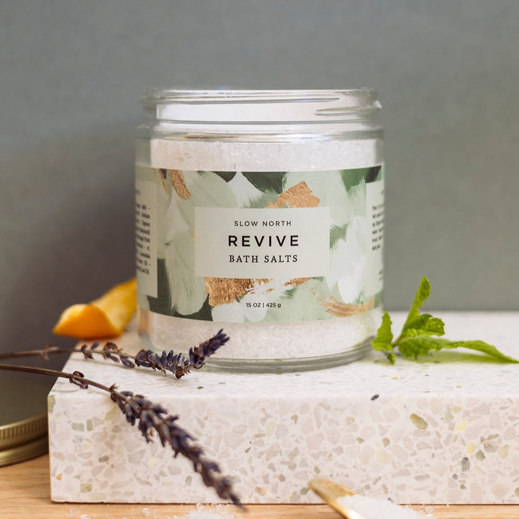 Revive Bath Salts – Lavender, Orange, Patchouli, Basil & Peppermint (15oz Jar) – Body Care