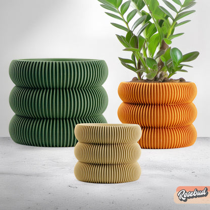 Ribbed Bubble Plant Pot With Drainage and Saucer – Mustard Planter