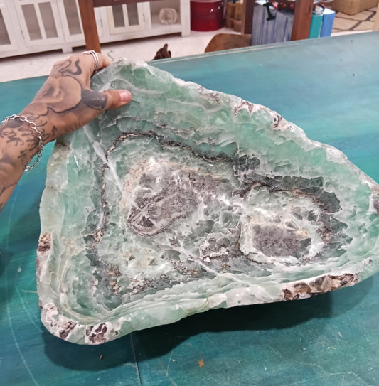 Carved Fluorite Bowl – Natural Green & Purple Crystal Display – 14.5" Decorative Stone Centerpiece