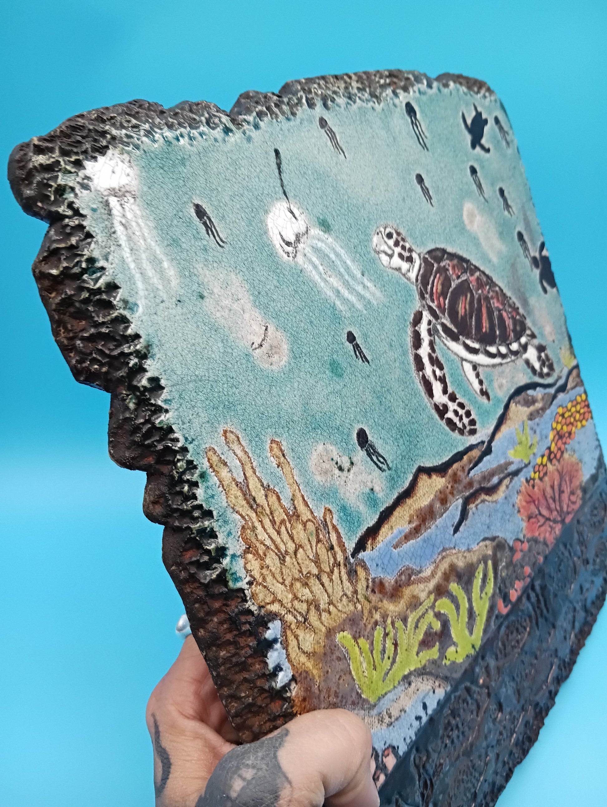 Handmade Raku Fired Sea Turtle Wall Art – Bobbie McCrea North Shore Potter – Wall Plaque