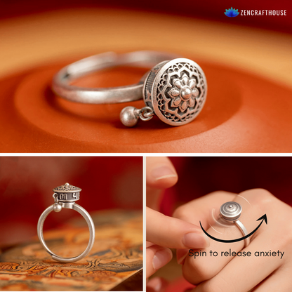 Instant Calm Sterling Silver Spinner Ring | Adjustable Lotus Prayer Wheel