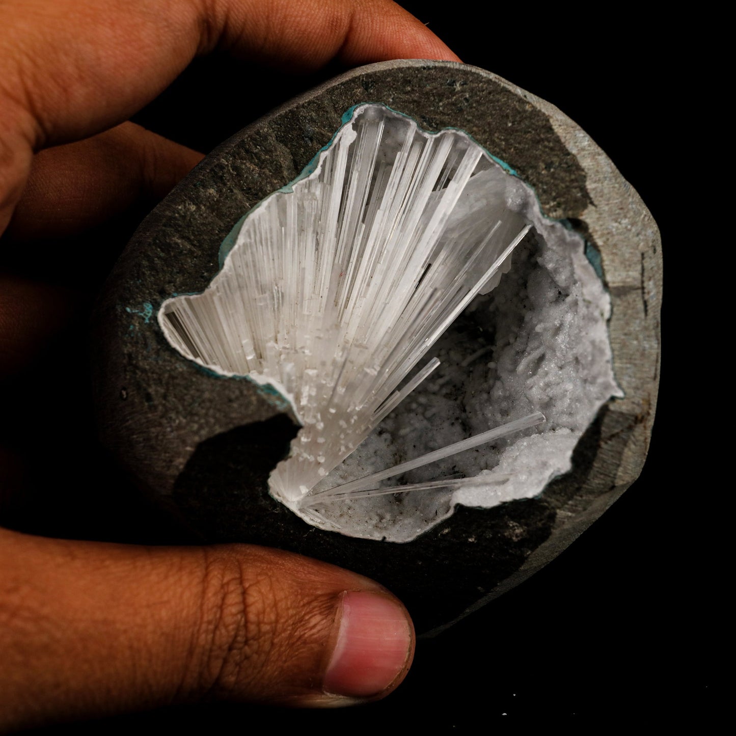 Scolecite Spray Inside MM Quartz Geode Natural Mineral Specimen # B 6410 – Scolecite