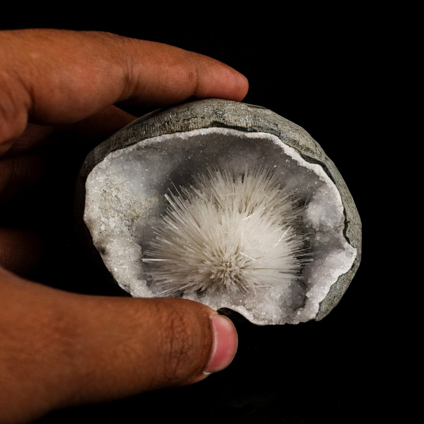 Scolecite Spray Inside MM Quartz Geode Natural Mineral Specimen – Scolecite