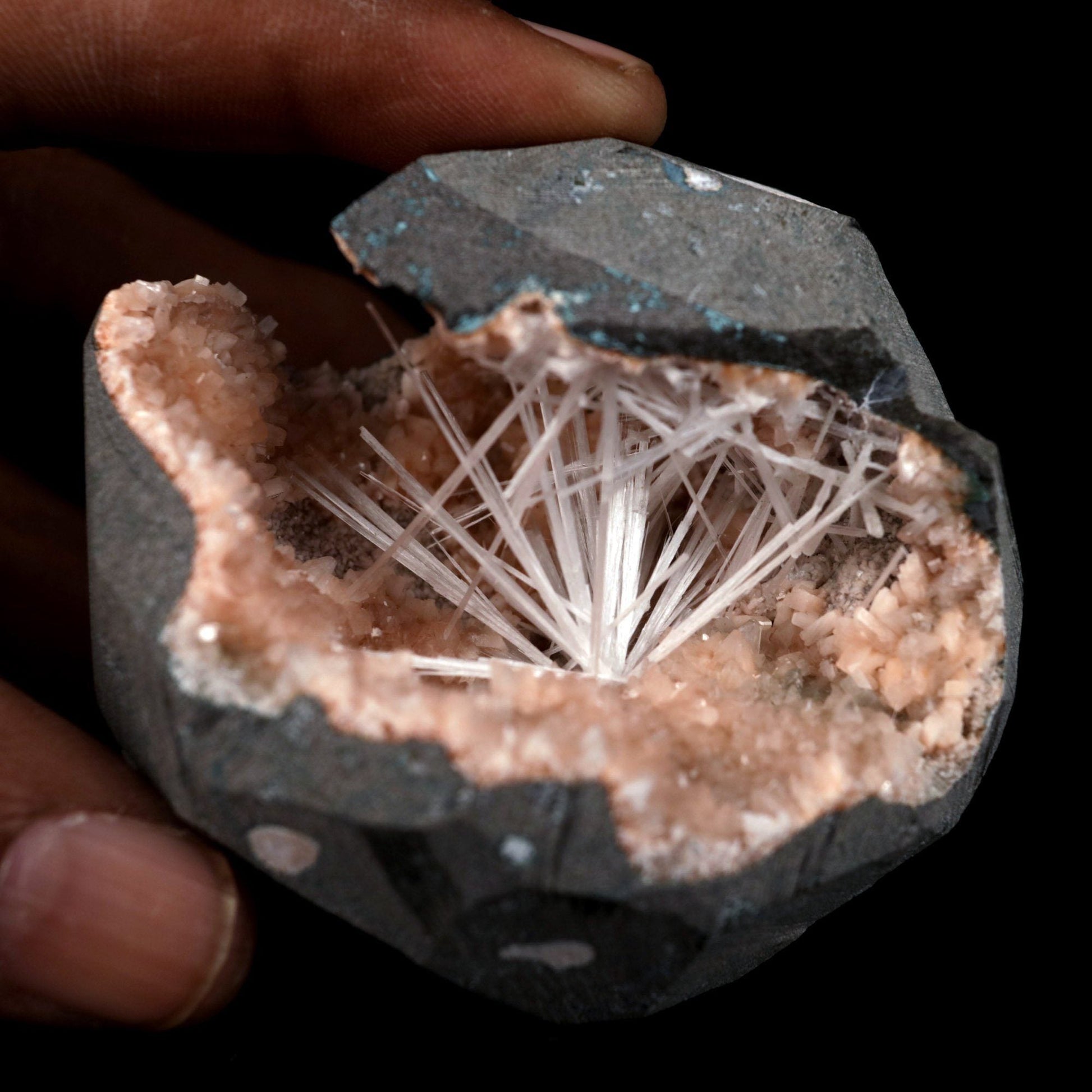 Scolecite Sprays Inside Heulandite Geode Natural Mineral Specimen – Scolecite