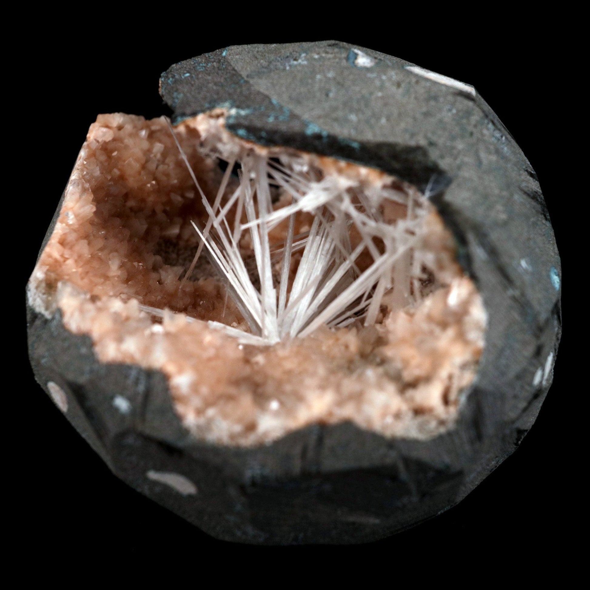 Scolecite Sprays Inside Heulandite Geode Natural Mineral Specimen – Scolecite