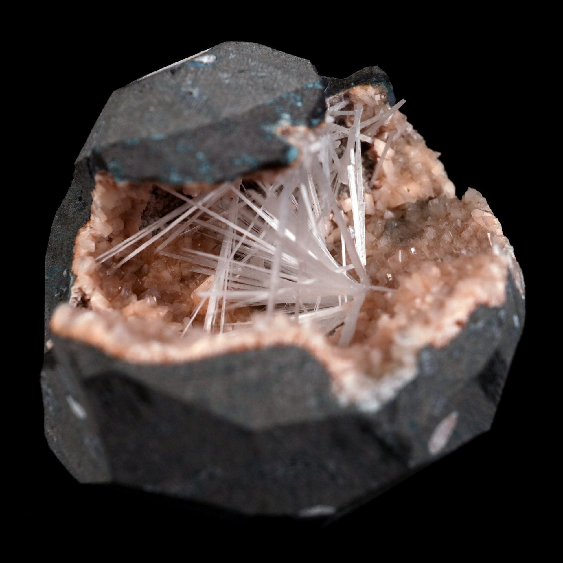 Scolecite Sprays Inside Heulandite Geode Natural Mineral Specimen – Scolecite