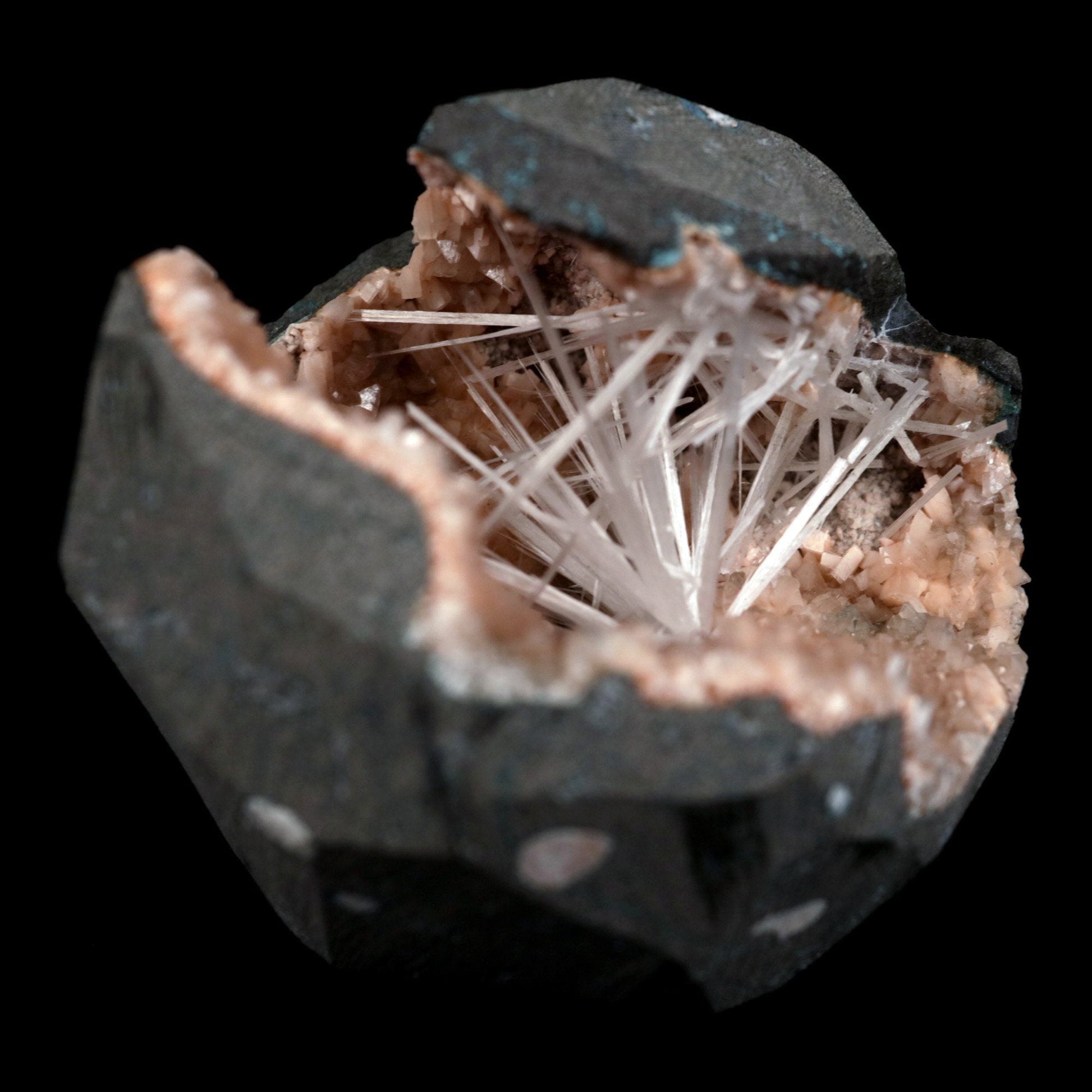 Scolecite Sprays Inside Heulandite Geode Natural Mineral Specimen – Scolecite