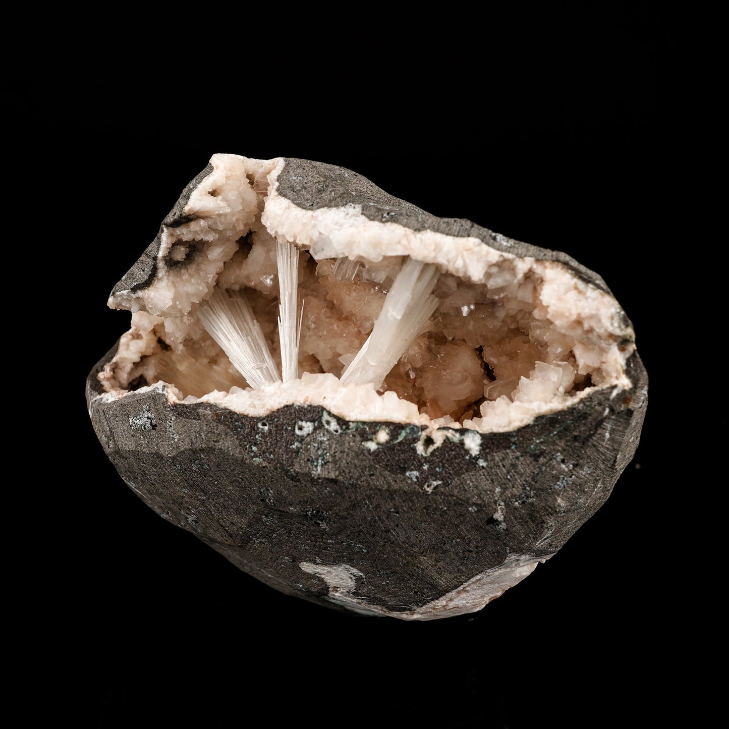 Scolecite Sprays Inside Heulandite Geode Natural Mineral Specimen – Scolecite