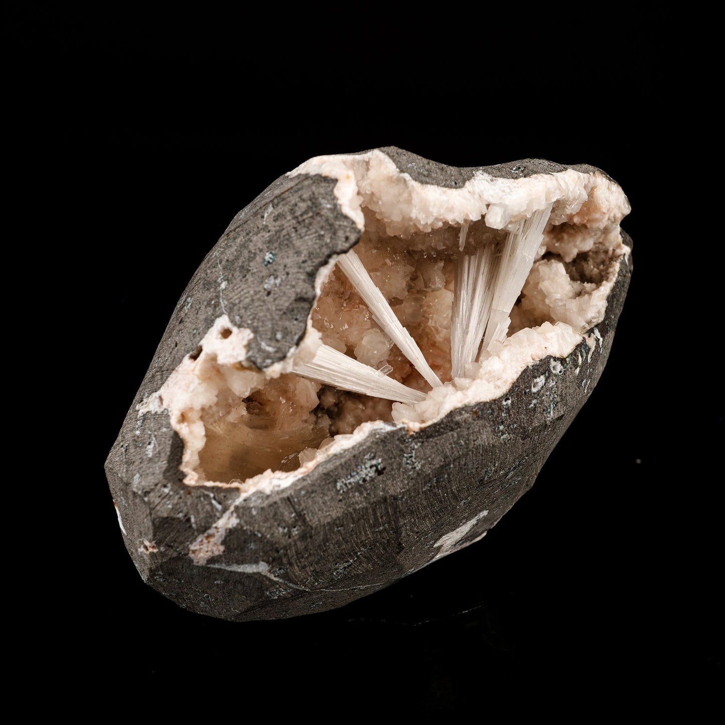 Scolecite Sprays Inside Heulandite Geode Natural Mineral Specimen – Scolecite