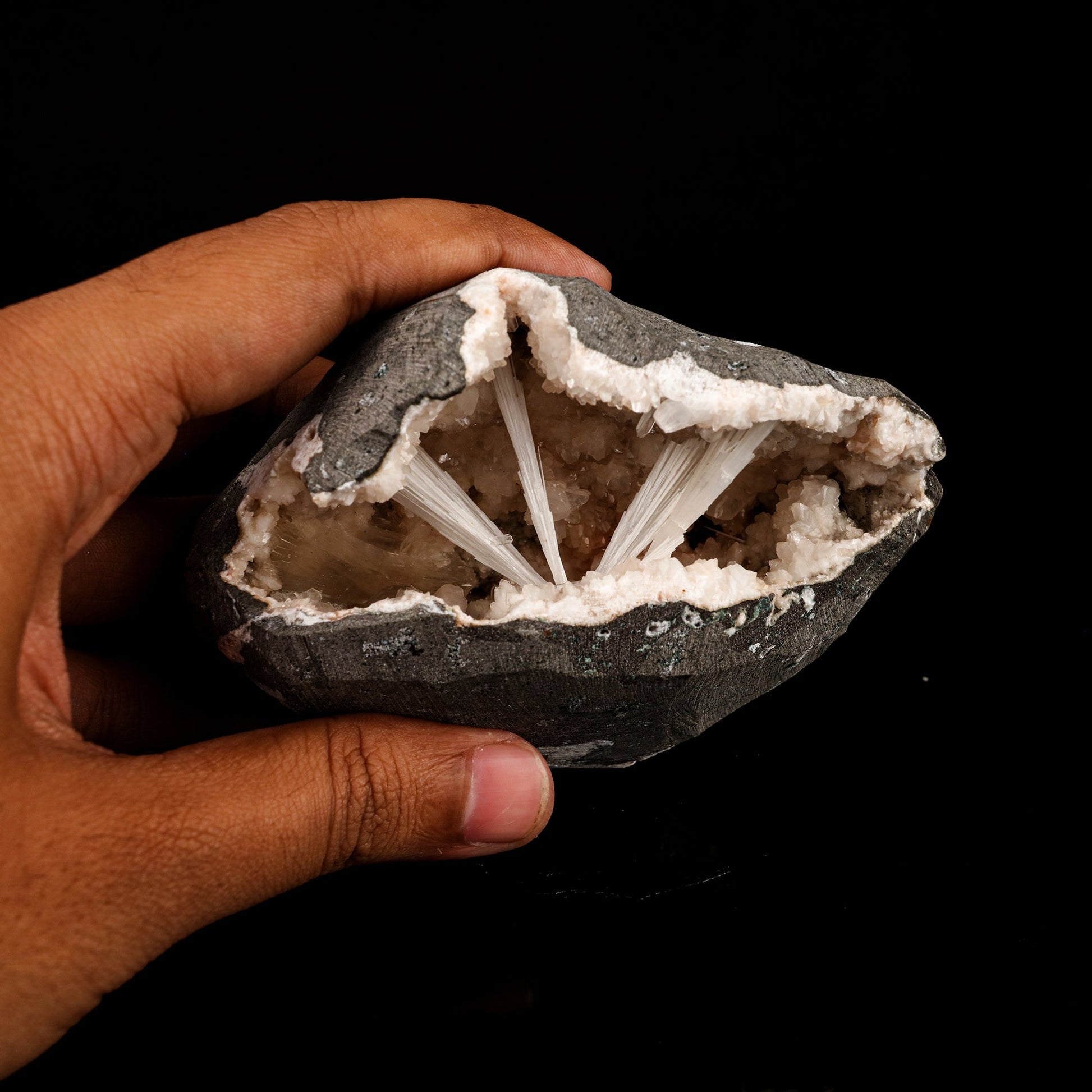 Scolecite Sprays Inside Heulandite Geode Natural Mineral Specimen – Scolecite