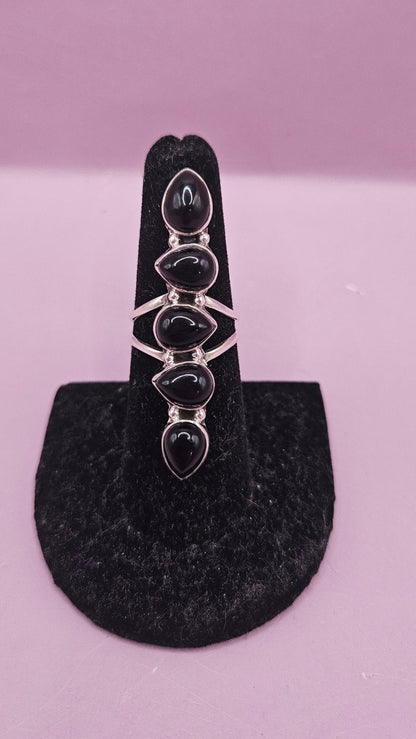 Sterling Silver Black Onyx Ring – Statement Multi-Stone Design (Size 7, 1.8")