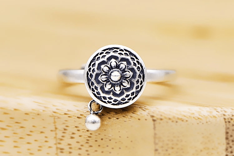 Instant Calm Sterling Silver Spinner Ring | Adjustable Lotus Prayer Wheel