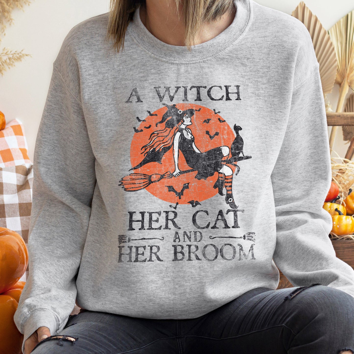 Witch Cat Broom Halloween Sweatshirt
