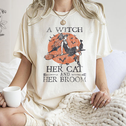 A Witch, Her Cat And Her Broom Retro - Comfort Colors Tshirt