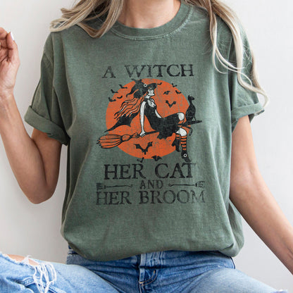 A Witch, Her Cat And Her Broom Retro - Comfort Colors Tshirt