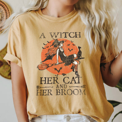 A Witch, Her Cat And Her Broom Retro - Comfort Colors Tshirt