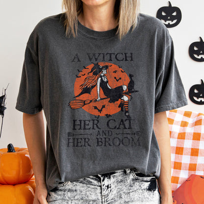 A Witch, Her Cat And Her Broom Retro - Comfort Colors Tshirt