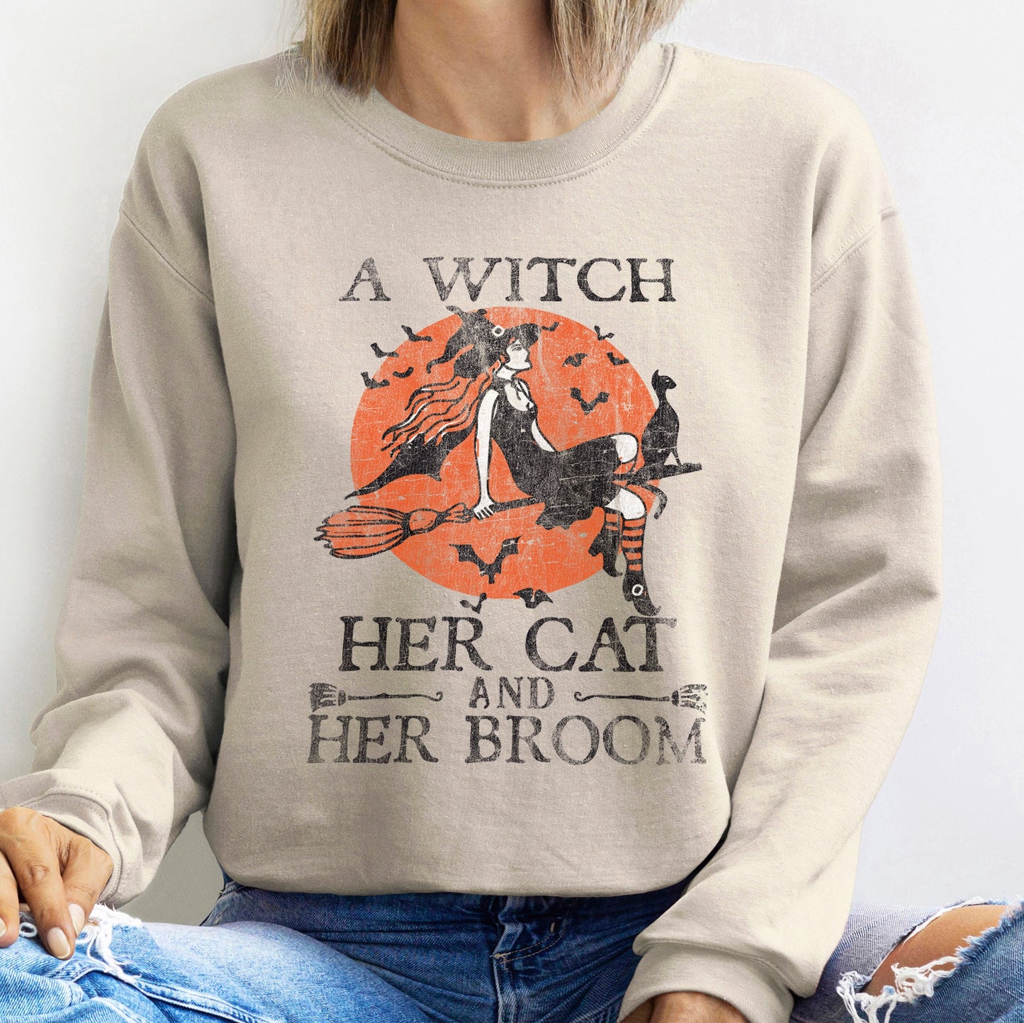 Witch Cat Broom Halloween Sweatshirt