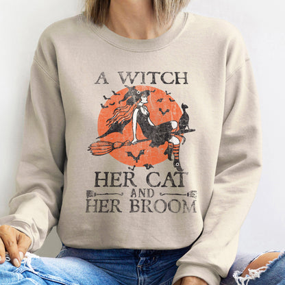 Witch Cat Broom Halloween Sweatshirt