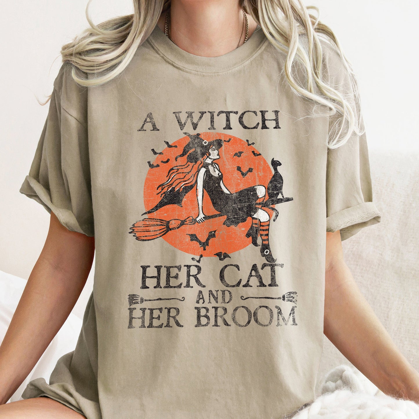 A Witch, Her Cat And Her Broom Retro - Comfort Colors Tshirt