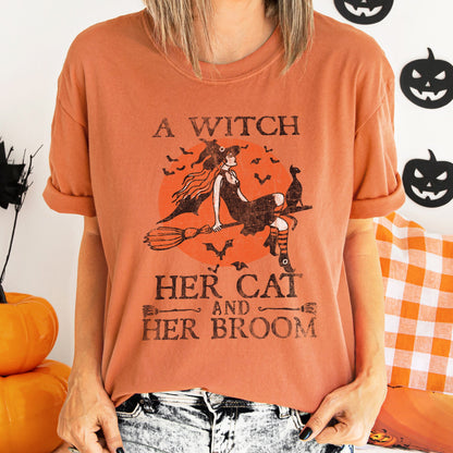 A Witch, Her Cat And Her Broom Retro - Comfort Colors Tshirt