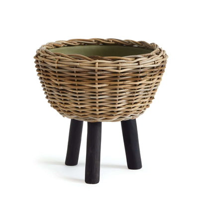 Woven Rattan Planter with Plastic Pot and Wood Legs